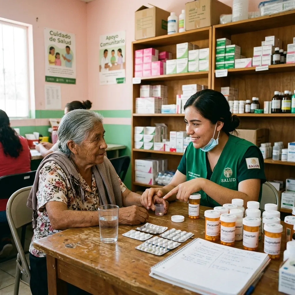 Voluntaria ayudando a una persona de la comunidad con sus medicamentos